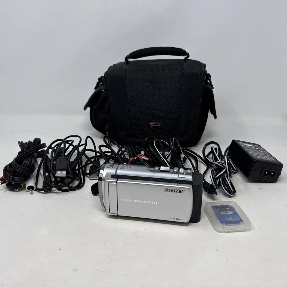 Sony Handycam DCR-SX63 16GB Camcorder Silver Bundle All Cords Memory Card & Case